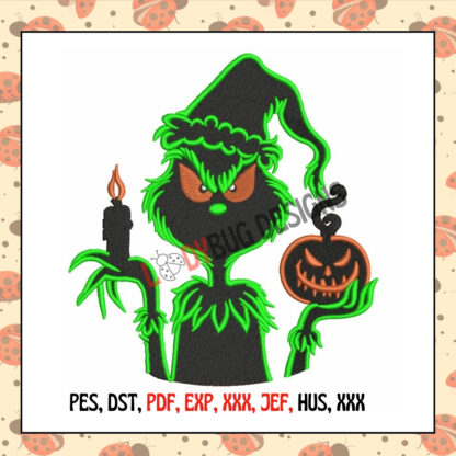 Grinch Pumpkin Candle Machine Embroidery Design, perfect for t-shirts, bags, and home décor, available for instant download