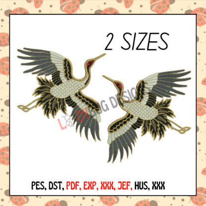 White Crane Machine Embroidery Design, available in various sizes and formats, perfect for t-shirts, jackets, and home décor.