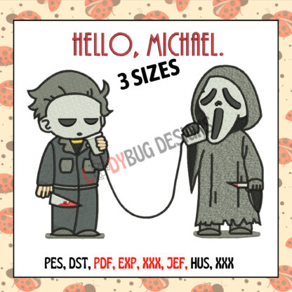 "Hello Michael Halloween Embroidery Design, available in various sizes and formats, perfect for t-shirts, bags, and Halloween décor