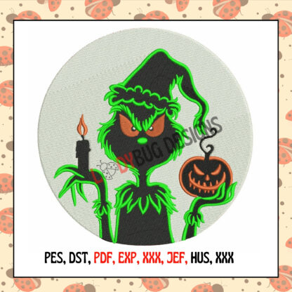 Grinch Pumpkin Candle Machine Embroidery Design, perfect for t-shirts, bags, and home décor, available for instant download