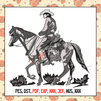 Cowboy with Horse Machine Embroidery Design, available in various sizes and formats, perfect for t-shirts, jackets, and bags