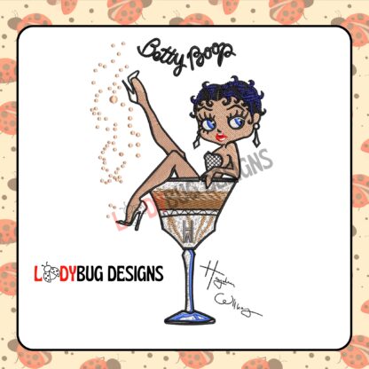 Betty Boop in Beer Glass Embroidery Design, size 158.5 mm x 97.2 mm, perfect for shirts and custom projects."