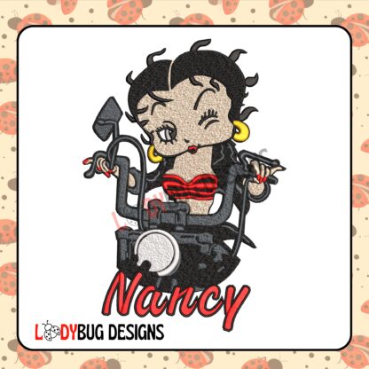 Betty Boop on Bike Embroidery Design in 10x10 size, perfect for customizing shirts and jackets."