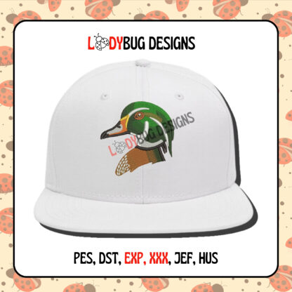 Duck Hat Embroidery Design for hats and caps, fully digitized and available for download in multiple machine formats.