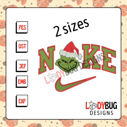 Get festive with the Grinch Face Nike Machine Embroidery Design! Ideal for hats and shirts, fully digitized for smooth stitching, and available for instant download from The Ladybug Designs.