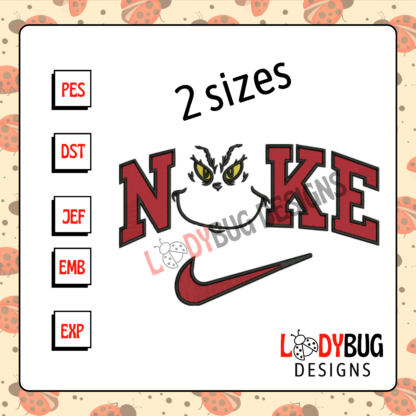 Add some holiday mischief to your apparel with our Grinch Face Nike Machine Embroidery Design! Perfect for customizing hats, shirts, and jackets, this design offers high-quality stitching and is compatible with all major embroidery machines. Instantly downloadable from The Ladybug Designs.