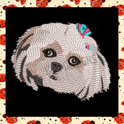 Bring charm to your projects with The Ladybug Designs' White Dog Face Embroidery Design. Perfect for pet-themed items, clothing, and home decor, this cute design adds warmth and personality to any fabric.