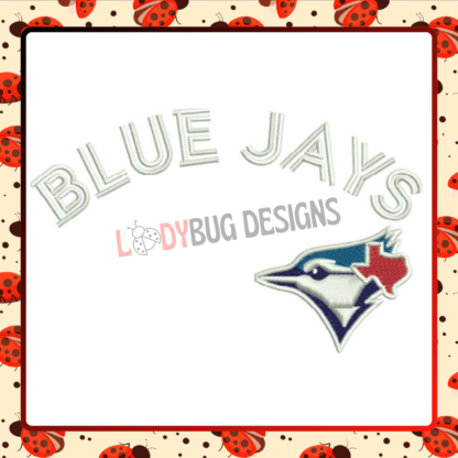 Show your love for the Toronto Blue Jays with The Ladybug Designs' embroidery design. Perfect for apparel and accessories, compatible with PES, DST, JEF, EXP, HUS, XXX, PDF, and VP3 formats.