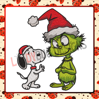 Add holiday fun to your creations with The Ladybug Designs' Grinch and Snoopy Christmas Embroidery Design. Featuring the mischievous Grinch alongside the lovable Snoopy in a festive scene, this design is perfect for decorating holiday apparel, stockings, table linens, or personalized gifts. Crafted with precision stitching, it ensures vibrant details and a professional-quality finish. Bring a blend of humor and charm to your Christmas projects with this delightful embroidery design from The Ladybug Designs.