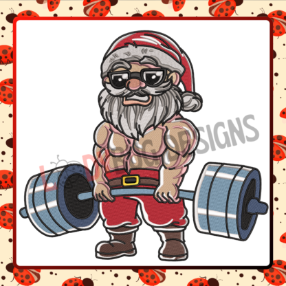 The Ladybug Designs, Santa Lifting Weight Christmas Gym Embroidery Design, fitness embroidery patterns, holiday stitching designs, gym-themed embroidery, festive décor embroidery, custom Christmas designs.